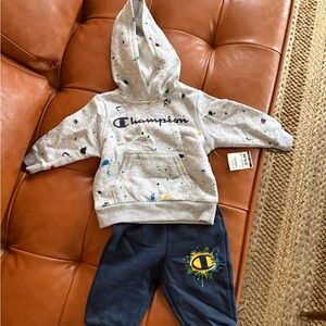Champion Kids Paint-Splatter Hoodie & Sweatpants Set - Gray & Navy
